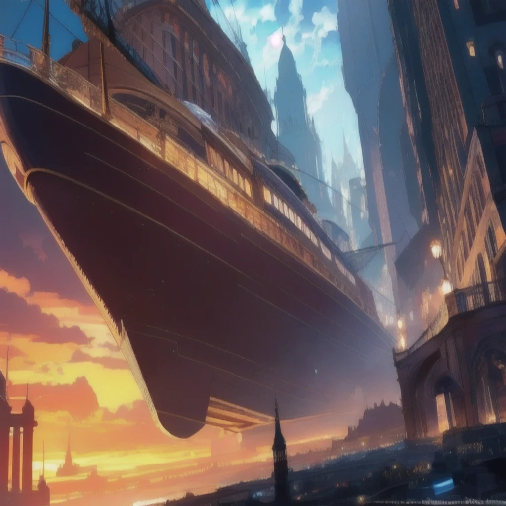A highly detailed, clear, masterpiece, 8K, high resolution, ultra-detailed, photorealistic, professional lighting, cinematic lighting, fashion photography, ambient lighting, fantasy, background, floating trains, giant airships, surreal, amazing, scene, wonderful, complex, giant cityscapes, from below, ancient city, atmosphere
