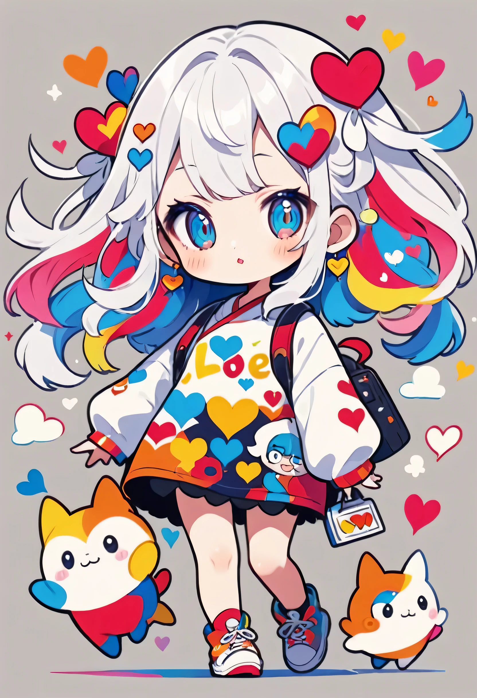 Ultra-realism Hayao Miyazaki colorful style, Simple Line Initialism,Abstract art,(((The most beautiful girl of all time))), chibi, Sweet face. Lips in love, colorful hearts, stylish design, 夏のスポーツファッション, 黒い瞳, Walking