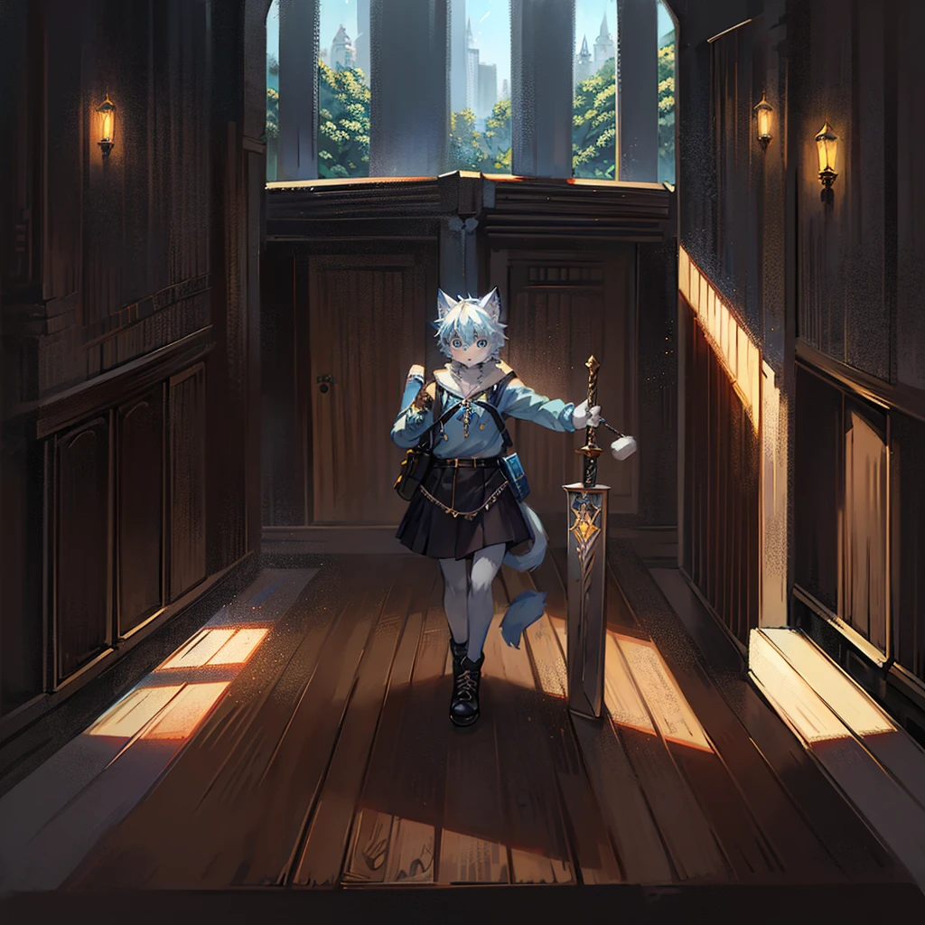 Furry, Anime furry, anthro male cat, light blue and white fur, short white hair, solo, blue sweatshirt, full body character, anime style character, digital painting, black skirt, medieval village, black medieval shoes, dagger, medieval backpack, walking inside a forest