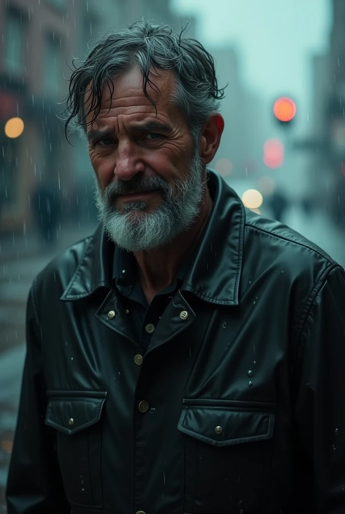 "A man in his 40s walks in heavy rain, his clothes soaked through. His face shows deep sadness. The photo is taken from head to chest, viewed from his left side. Rain pours down his face, reflecting the pain he feels."