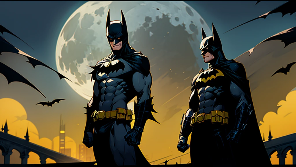 batman,black cape,mask,white eyes,no pupils ,superhero,bat ears,pouch,spandex, black bodysuit ,abs,muscular male,utility belt, moon in the background, standing on roof, full moon, gothic city background