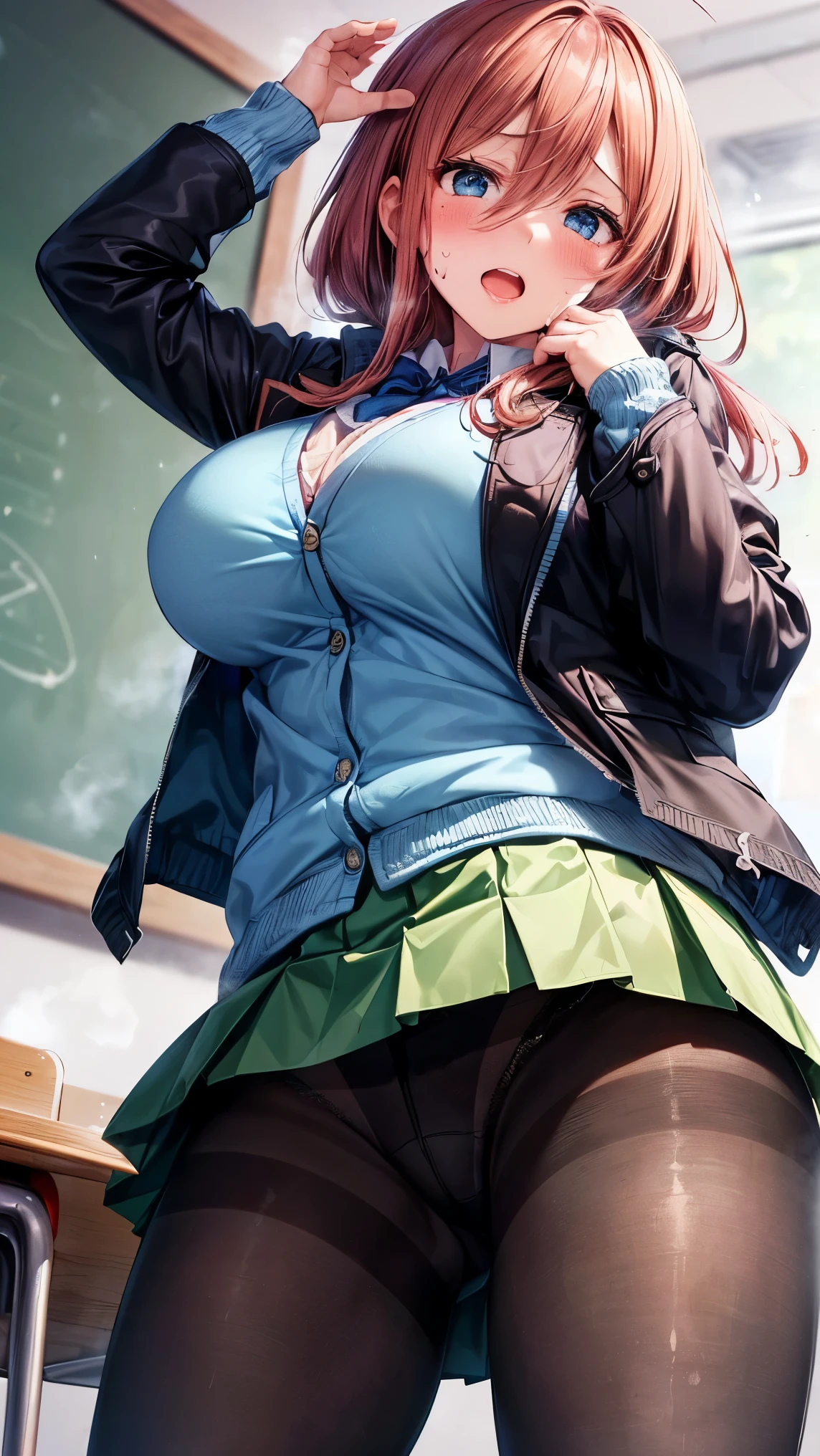 best quality,1girl,((big breasts:1.1)),((orgasm,blush,sweat,steam:1.1)),nm1, ((school uniform, long sleeves, blue cardigan, green skirt, pantyhose, black jacket, open jacket,panties under pantyhose:1.3)),classroom