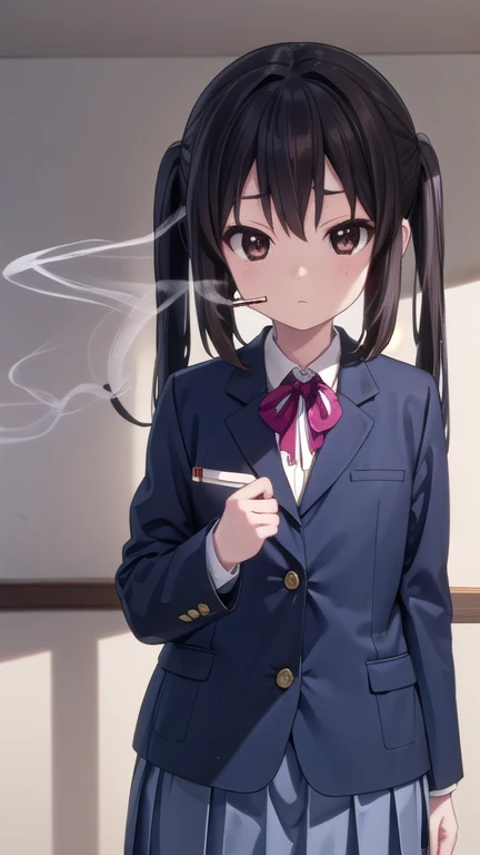azusanakano, azusa nakano, black hair, (brown eyes:1.5), long hair, twintails,
BREAK sakuragaoka high school uniform, school uniform, uniform, blazer, shirt, white shirt, collared shirt, skirt, pleated skirt,
BREAK indoors, classroom,
BREAK looking at viewer, (cowboy shot:1.5),
BREAK (masterpiece:1.2), best quality, high resolution, unity 8k wallpaper, (illustration:0.8), (beautiful detailed eyes:1.6), extremely detailed face, perfect lighting, extremely detailed CG, (perfect hands, perfect anatomy),(Smoking: 1.5), 1 cigarette, cigarette smoke, displeased expression, glaring at me