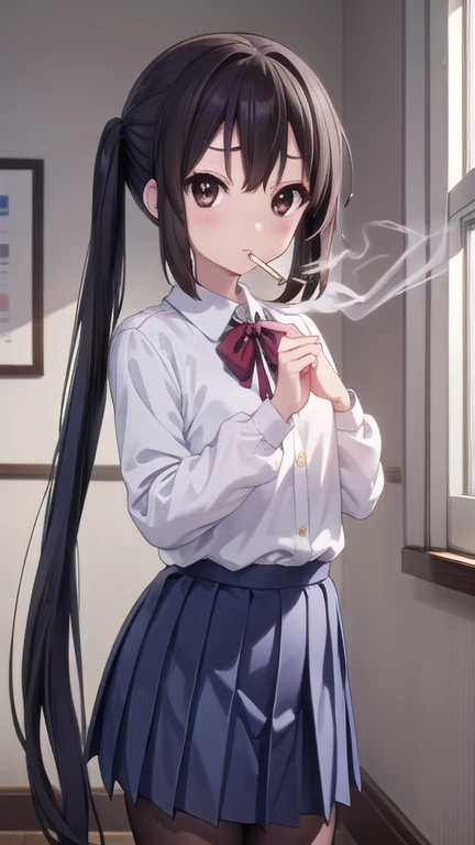 azusanakano, azusa nakano, black hair, (brown eyes:1.5), long hair, twintails,
BREAK sakuragaoka high school uniform, school uniform, uniform, blazer, shirt, white shirt, collared shirt, skirt, pleated skirt,
BREAK indoors, classroom,
BREAK looking at viewer, (cowboy shot:1.5),
BREAK (masterpiece:1.2), best quality, high resolution, unity 8k wallpaper, (illustration:0.8), (beautiful detailed eyes:1.6), extremely detailed face, perfect lighting, extremely detailed CG, (perfect hands, perfect anatomy),(Smoking: 1.5), 1 cigarette, cigarette smoke, displeased expression, glaring at me