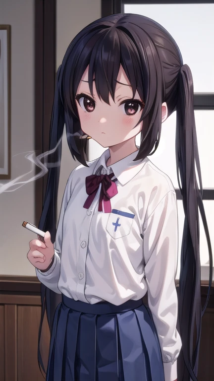 azusanakano, azusa nakano, black hair, (brown eyes:1.5), long hair, twintails,
BREAK sakuragaoka high school uniform, school uniform, uniform, blazer, shirt, white shirt, collared shirt, skirt, pleated skirt,
BREAK indoors, classroom,
BREAK looking at viewer, (cowboy shot:1.5),
BREAK (masterpiece:1.2), best quality, high resolution, unity 8k wallpaper, (illustration:0.8), (beautiful detailed eyes:1.6), extremely detailed face, perfect lighting, extremely detailed CG, (perfect hands, perfect anatomy),(Smoking: 1.5), 1 cigarette, cigarette smoke, displeased expression, glaring at me