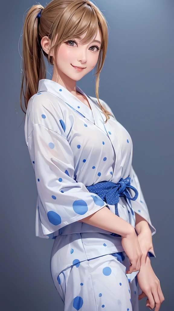 (((Cowboy Shot、Women's Solo Shot、Oil、Pure white wall background、masterpiece、Highest quality、High resolution)))、Blonde、Medium Hair、(((Side Ponytail)))、(((Dotted yukata)))、(((Light blue yukata)))、((Brown polka dot yukata)))、Fashionable hairstyles、Pure white wall background、Red cheeks、((No Shadow、Frame In))、((Small breasts))、((smile))、((Happy expression))、(((Waving right hand)))、((((No background))))、