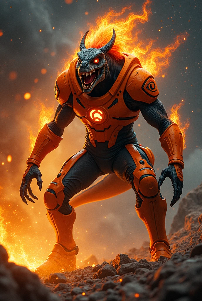 1man, alien, slender, dinosaur-like face, glowing eyes, flaming mane, sharp teeth, orange suit with black accents, black pants, orange boots, claws, orange lantern logo, orange aura, space background, powerful, crouching, holding a big orange lantern