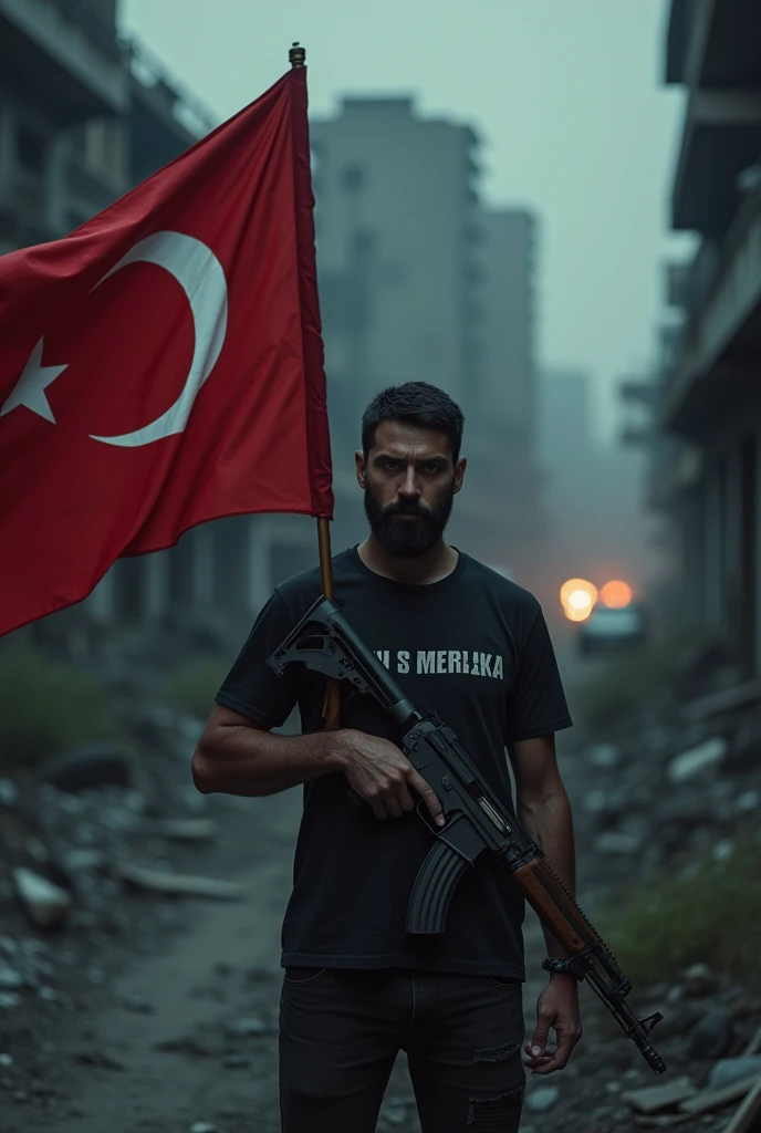 A psychopath holding an AK-47 and a Turkish flag, with 'ACEH MERDEKA' written on his shirt.
