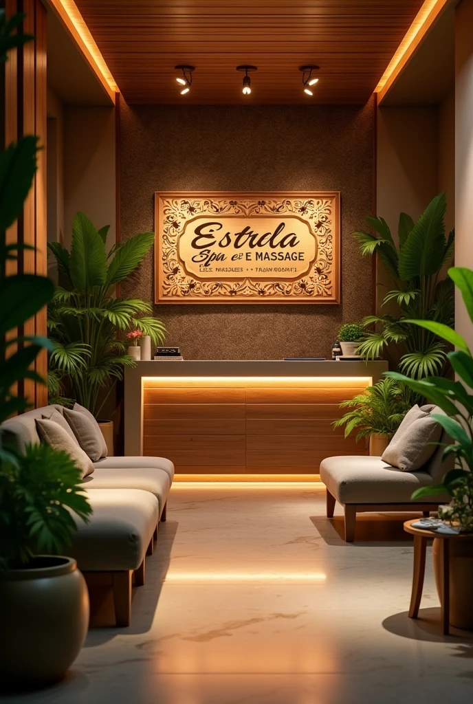 Massage Clinic Reception Room, with the name written appearing estrela spa e massagem
in Portuguese
