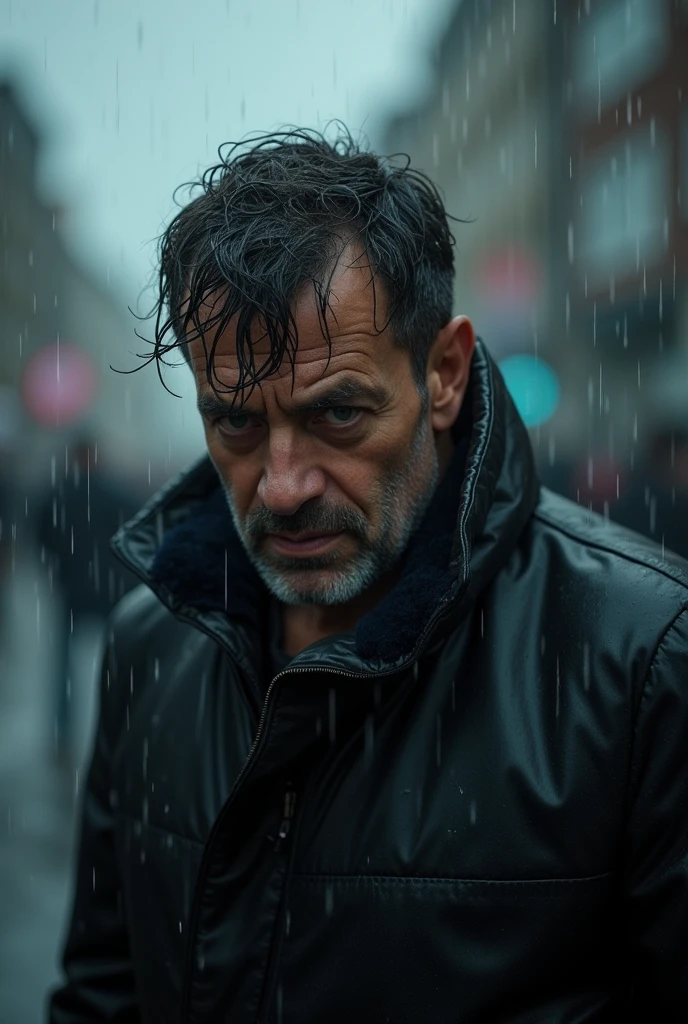"A man in his 40s walks in heavy rain, his clothes soaked through. His face shows deep sadness. The photo is taken from head to chest, viewed from his left side. Rain pours down his face, reflecting the pain he feels."