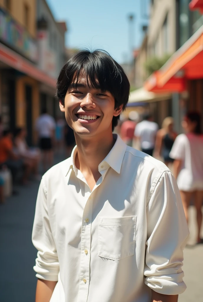 man, 20 years old, white shirt, straight black hair 