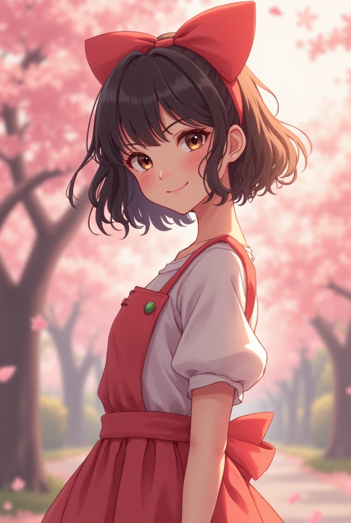 (photorealism:1.2), beautiful girl, Japanese girl, 18 years old. Looking innocent. She has short, curly shoulder-length hair and a large bow in the back of her hair. Both cheeks are covered with hair. She has very big breasts