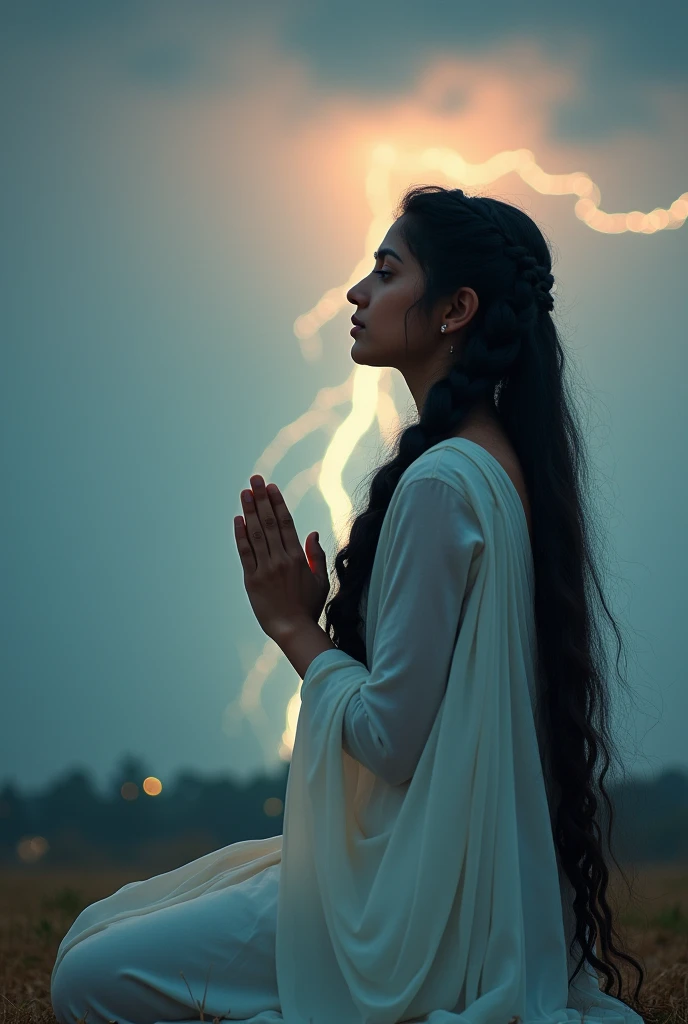 A beautiful white young Indian girl aged 20 years wearing white punjabi dress with very long thick black hair braided and her head covered with veil praying to God on her knees with her hands and no ornaments wearing with a background of shining clouds with thunders naturally