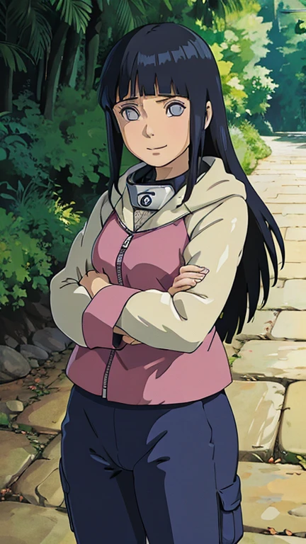 (1girl, solo, highly insanely detailed, masterpiece, top quality, best quality, highres, 4k, 8k, RAW photo),((innocent look)),((Childish)), symmetrical composition,smile,cute,Innocent,Kind eyes,Flat chest,Hairless vagina, Cameltoe,ghibli style,forest, 1girl, hinata_shippu, long hair, two-tone jacket, hood down, konohagakure symbol, pants,