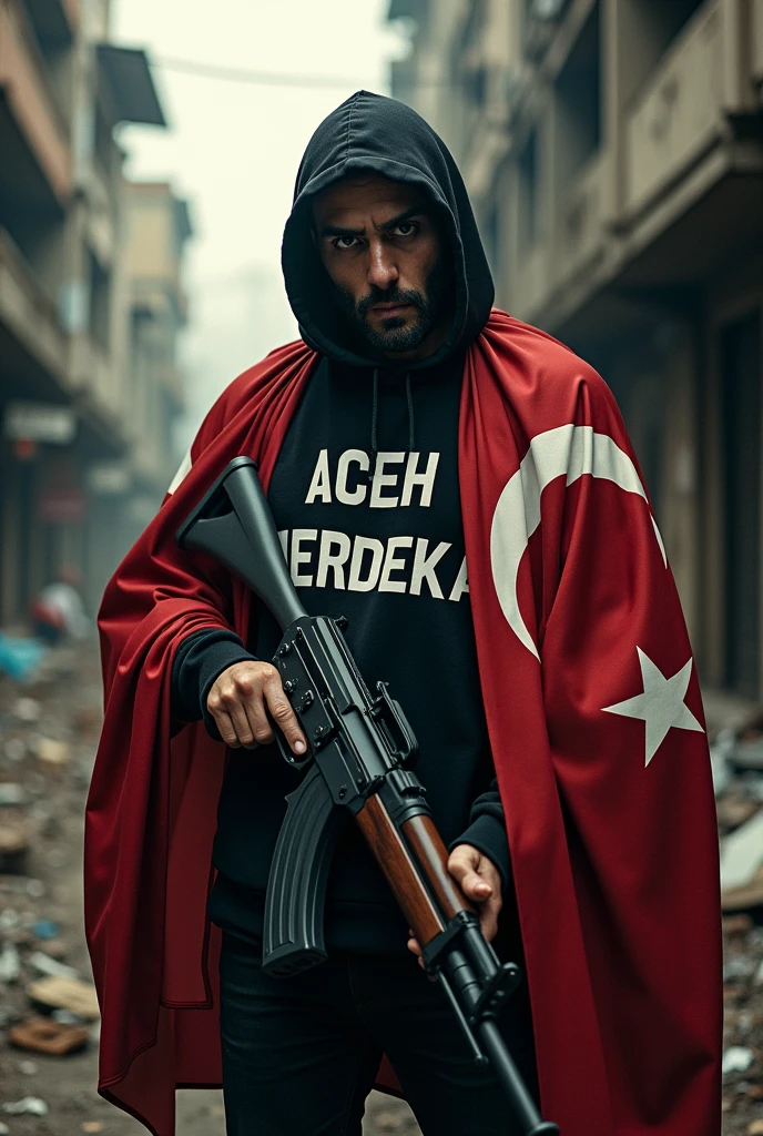 A psychopath holding an AK-47 and a Turkish flag, with 'ACEH MERDEKA' written on his shirt.