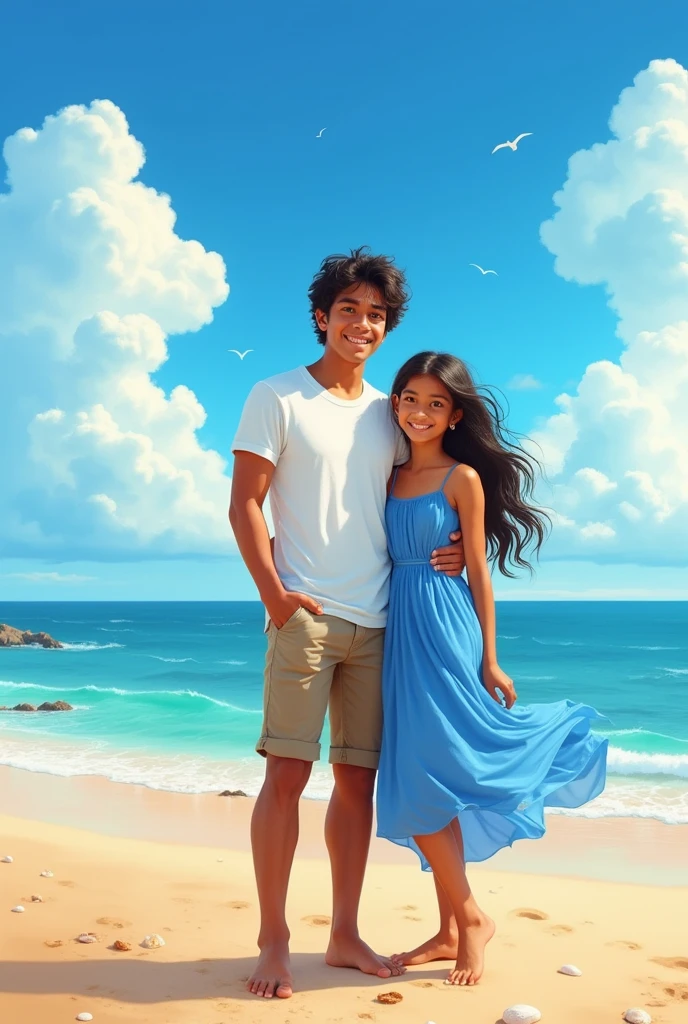 A indian brother is 20 years old
and sister standing on a beach a realistic