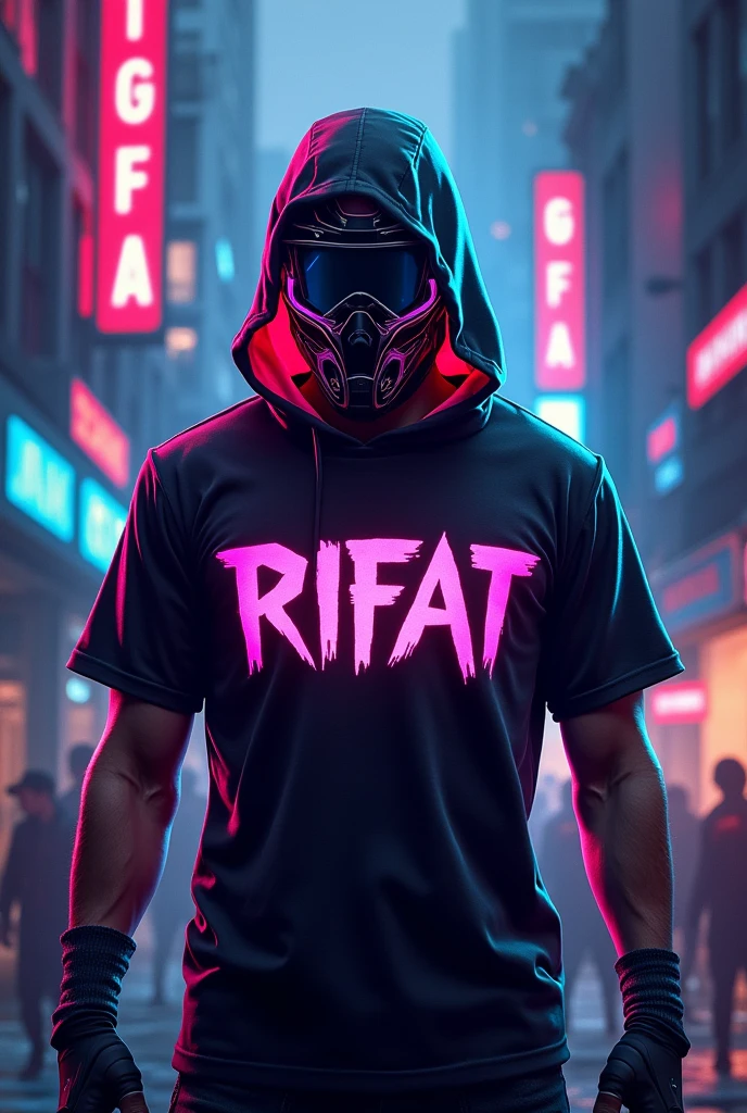 Make a free fire logo with black t-shirt and gaming logo name is Rifat