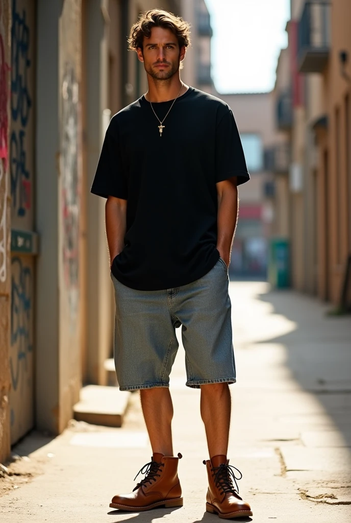 A male model wearing a plain black large Tshirt and baggy jeans shorts and redwing boots