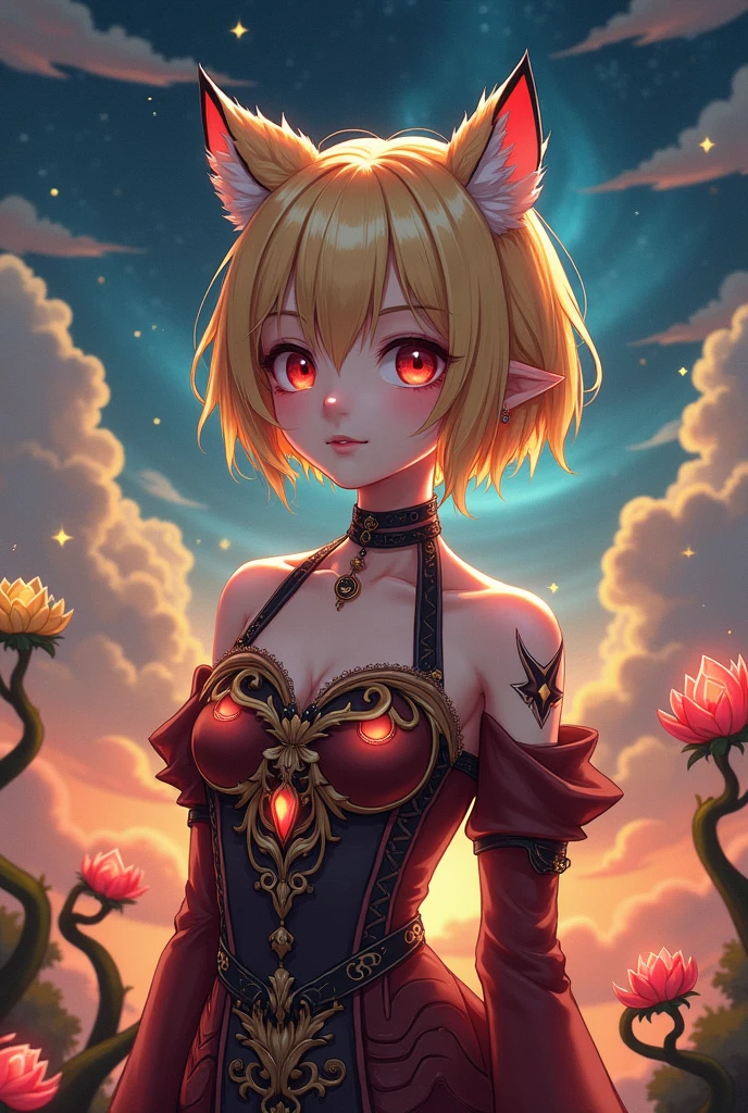blonde bobbed hair, tiger ears, red eyes, Fantasy outfits, moon-shaped earrings, a black choker, fantastic atmosphere