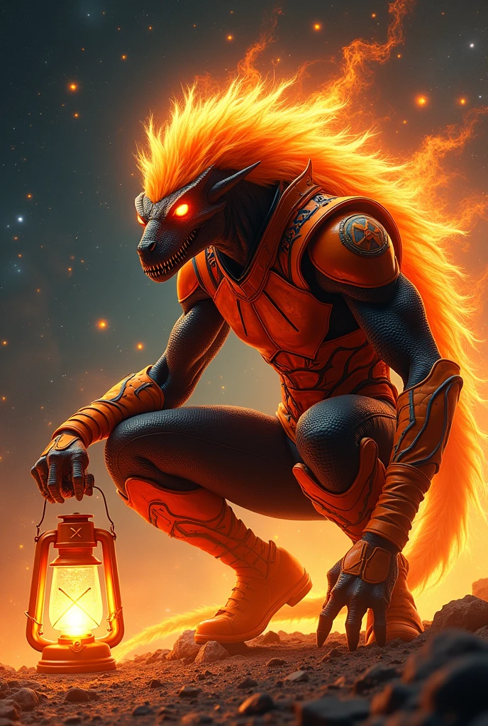 1man, alien, slender, dinosaur-like face, glowing eyes, flaming mane, sharp teeth, orange suit with black accents, black pants, orange boots, claws, orange lantern logo, orange aura, space background, powerful, crouching, hugging a big orange lantern