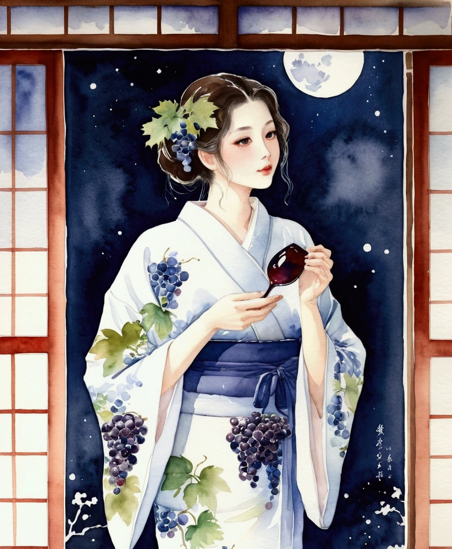 Taisho Romance　watercolor　kimono　kimono　A very beautiful woman is eating grapes　Japanese Style House　Quiet night shrine　There's a big moon outside　Moonlit Night　There are lots of grapes　Highest quality　Best Images