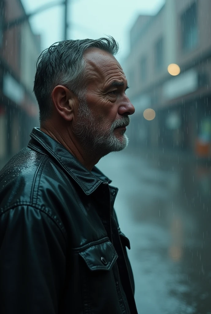 "A man in his 40s walks in heavy rain, his clothes soaked through. His face shows deep sadness. The photo is viewed from his left side. Rain pours down his face, reflecting the pain he feels."