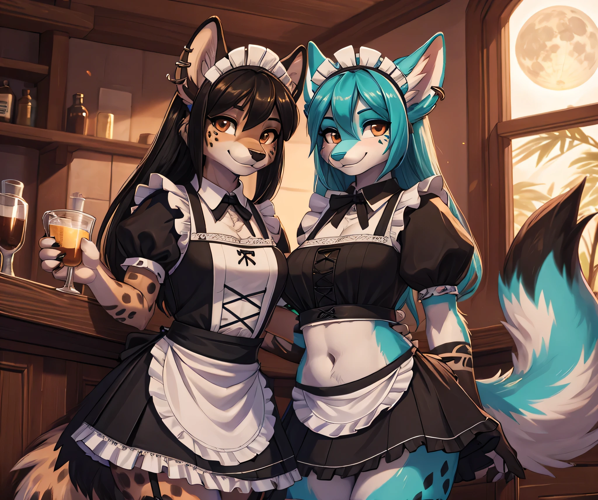 2 girls imagen, firts girl, Miku Hatsune, add high definition_detail:1, blue fur,kitsune ears, tribal tattoo add_detail:1, posing during a full moon showing off her beautiful figure and her outfit. (Maid lingerie, maid mini skirt)sweaty body add_details:1, smiling add_detailsl:1, ear piercing add_detail:1. Second girl is a female anthro furry hyena girl, black hair, hyena spots, black hands and feet, brown eyes, high definition_detail:1, showing off her beautiful figure and her outfit. (Maid navel blouse, maid mini skirt)sweaty body add_details:1, smiling add_detailsl:1, ear piercing add_detail:1, beautiful and detaileds hands. Both girls in a coffeshop