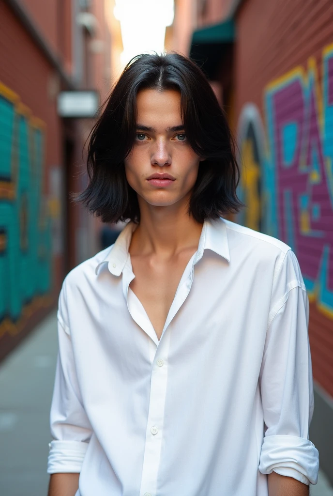 american man, 20 years old, white shirt, straight black hair