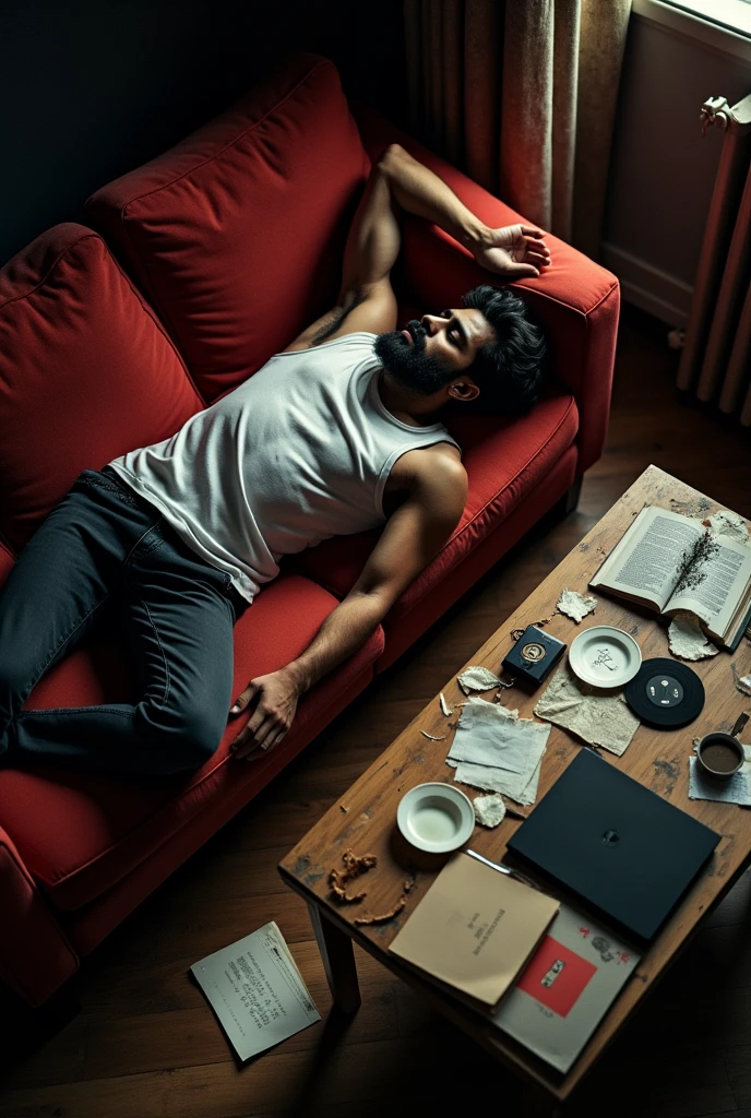 A young Indian man with beard lies sprawled on a worn-out red sofa in a dimly lit room. His right arm is stretched over a cluttered coffee table filled with remnants of a late-night session—books, vinyl records, empty plates, and scattered notes. The scene is chaotic yet intimate, capturing a moment of exhaustion and introspection. The dim light filters through the room, casting soft shadows that blend with the mess, creating a feeling of solitude. The man, dressed in a simple white tank top and dark pants, appears lost in a deep sleep or perhaps deep in thought, disconnected from the world around him. The overhead view gives a sense of distance, as if observing from above, adding to the overall mood of quiet contemplation." Written in (background) lazy boy
