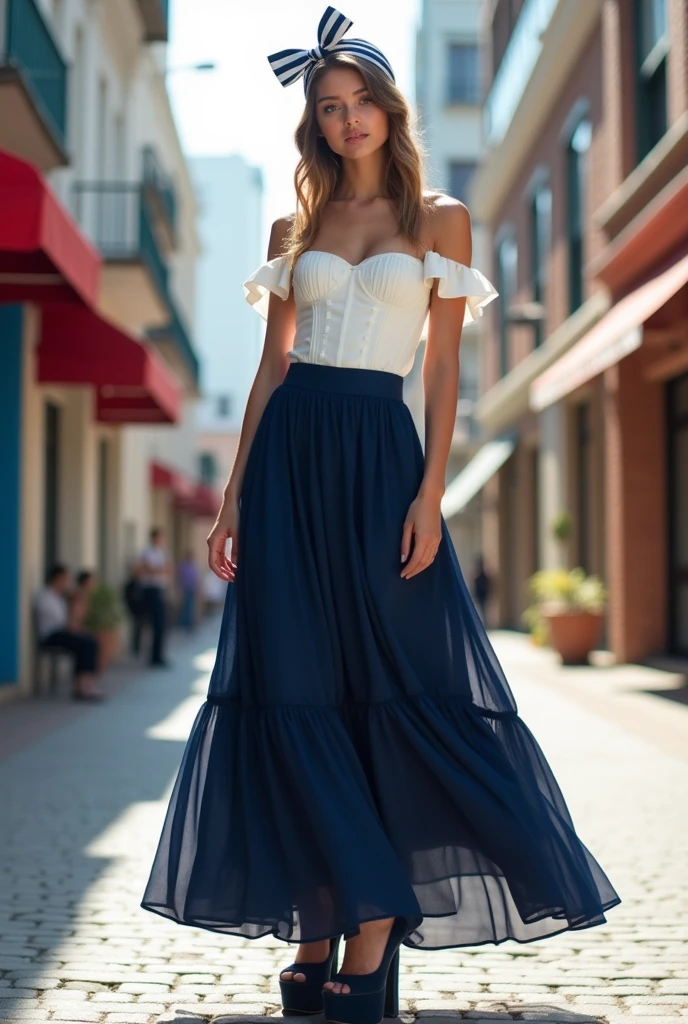 (photorealism:1.2), white off-the-shoulder corset top, worn with a navy-blue maxi-skirt, navy-blue platform shoes, and a white-and-blue striped headband