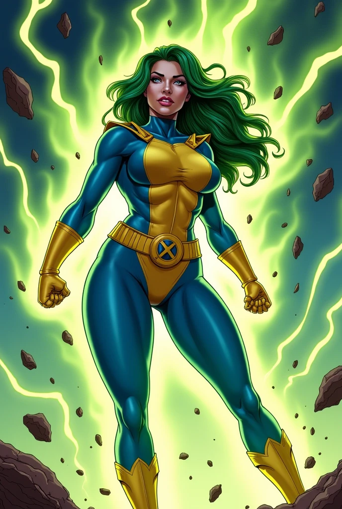 Lorna Dane, polaris x-men, (busty and voluptuous body), (arms naked:1.3), (green thick wavy long hair:1.4), (huge breast:1.6), wearing a blue costume big yellow in the chest and stomach, with yellow xmen belt, yellow glowes, (screenshot of a beat em up videogame), (she's surrounded by a green energy:1.5), (comic style:1.4)