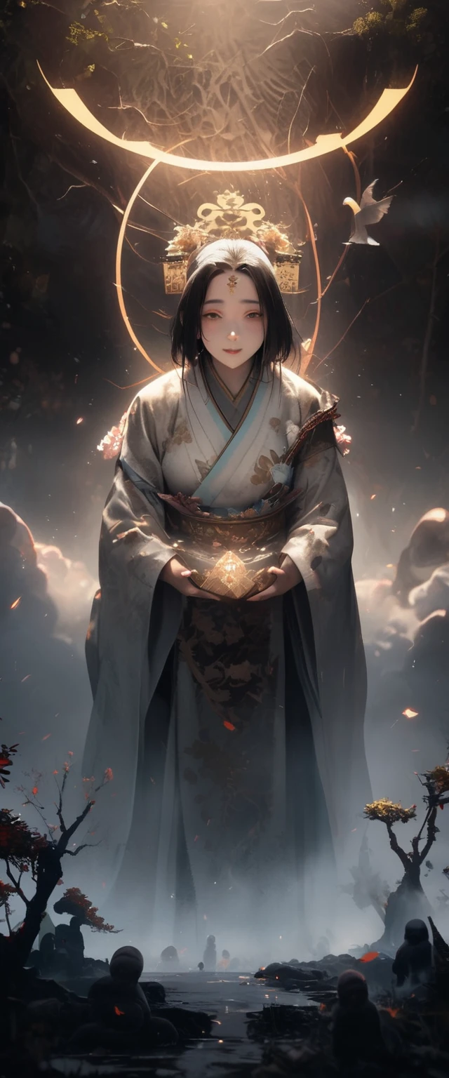 8k,非常に精細なCGユニットのwallpaper, masterpiece,High resolution,Highest quality,Highest quality real texture skin,Surreal,Increase the resolution,RAW Photos,Highest quality,Very detailed,wallpaper,Cinema Lighting,Ray-tracing,Golden Ratio, break ,1 Buddha\(Amida Buddha,very noble , Gentle smile, woman, pious ,(in the Thick Fog:1.3) ,beautiful hello\), peach blossom spring\(in the Thick Fog,beautiful Chinese flowers are blooming,many peach trees\),(Thick Fog:1.5), break ,many hungry ghosts\(in the fog,look up\)