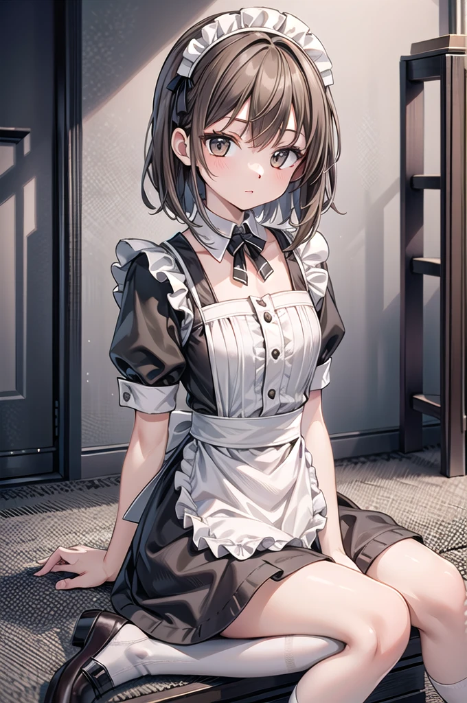 Solo Girl, 20-year-old,Medium Hair, Light brown hair, Brown eyes, Mid-chest, highest quality, High resolution, Very detailed, Detailed Background, Perfect lighting、Sitting on the floor with legs spread、Extreme maid outfit、very cute