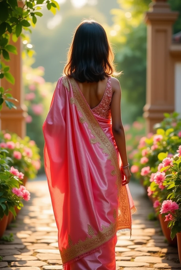 A girl pink saree back side medium hair