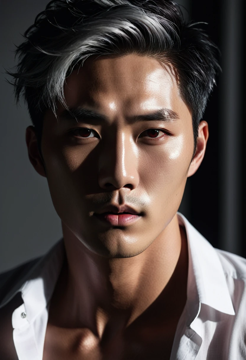 best quality, masterpiece, extremely detailed, half body, extremely handsome, masculine male, fair skin, 27 year old korean man, sharp angled facial features, red eyes, silver middle parting hair, unbuttoned white shirt, exposed chest, pov from below, dark cinematic lighting, dramatic shadows,