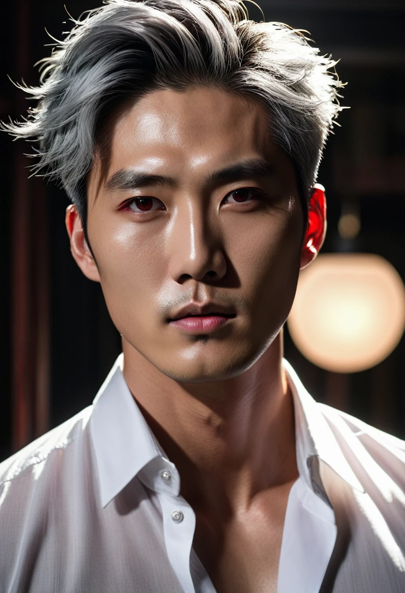 best quality, masterpiece, extremely detailed, half body, extremely handsome, masculine male, fair skin, 27 year old korean man, sharp angled facial features, red eyes, silver middle parting hair, unbuttoned white shirt, exposed chest, pov from below, dark cinematic lighting, dramatic shadows,