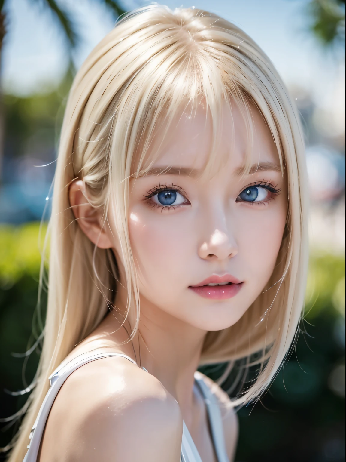 Transparent white glossy skin、Face gloss、Platinum blonde in a strong wind in front of a pretty face、20-year-old incredibly cute sexy beautiful Norwegian、Small Face Beauty、Shiny pale light blue eyes and details (Looking into the camera), SLR lighting, Single-lens reflex camera, super high quality, Sharpness, Depth of written boundary, Film Grain (center), Fujifilm XT3, Crystal Clear, Frame center, 完璧にBeautiful Face、Beautiful Face、Beautiful hair with sparkling bright straight platinum blonde hair、Silk bangs between the eyes、Bangs hide the eyes, Sparkling pale blue eyes, Sexy super long platinum blonde cute young woman with super long platinum blonde shiny light hair