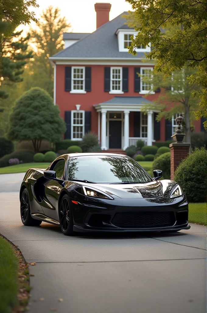 Image features a sports car with pop-up headlights, parked on a driveway in a suburban neighborhood. The car has a sleek, aerodynamic design with a low profile and wide tires. The front bumper is equipped with a lip spoiler, and the car's windows are tinted. The background includes a red brick house with white trim and black shutters, surrounded by well-maintained greenery and trees. Another house with a light-colored exterior is visible further back. The overall scene is calm and residential, with no people present.