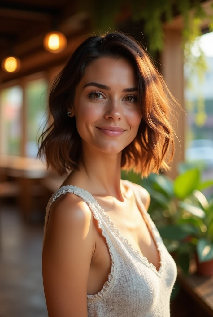 Brunette woman with a round face, flat nose, and short hair with balayage highlights 