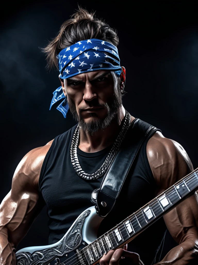 a muscular male metal music artist from America wearing a bandana, detailed face and upper body in a dark electric guitar background, (best quality,4k,8k,highres,masterpiece:1.2),ultra-detailed,(realistic,photorealistic,photo-realistic:1.37),horror,highly detailed portrait,dramatic lighting,dramatic pose,intricate details,electric guitar,dark atmosphere,moody,intense,powerful,chiaroscuro