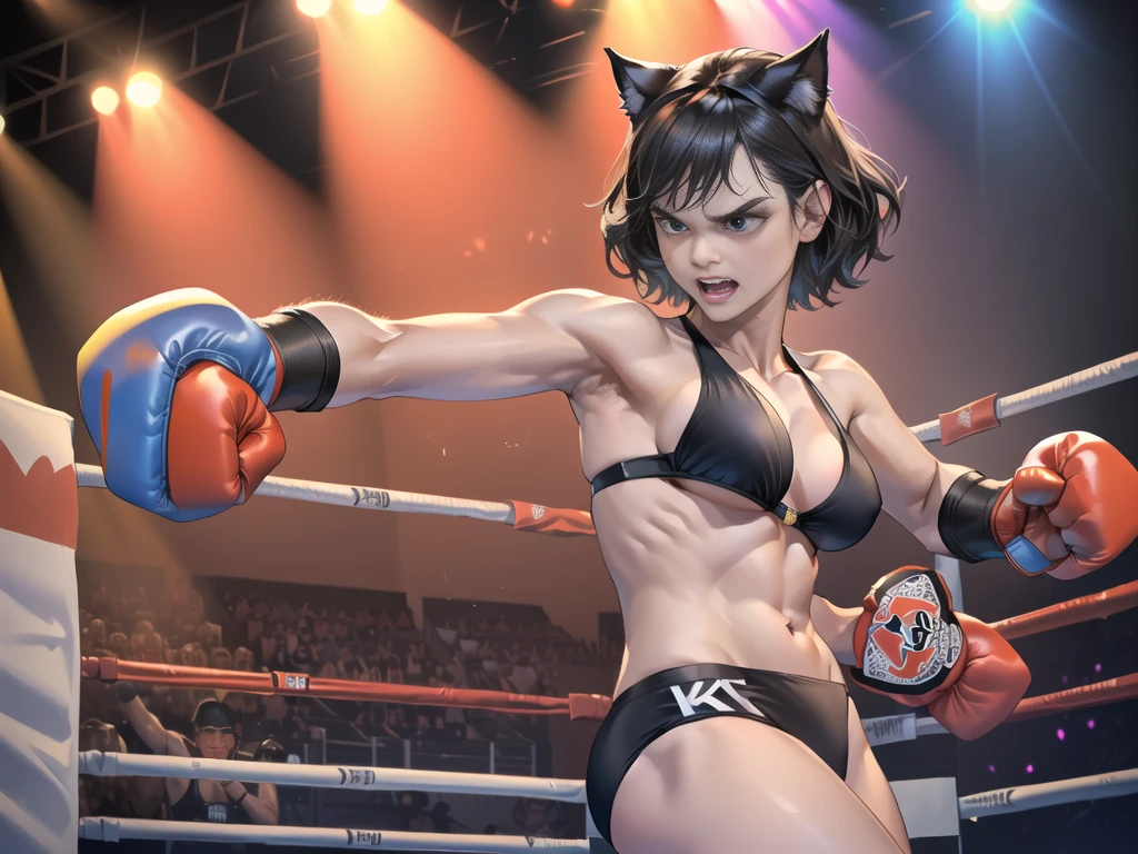 ,(catwoman:1.1),(women:1.4),bikini,(Throw your fist forward.:1.2),(boxing ring:1.4),full_shot,claw_pose,cat_pose,(angry:1.2),evil,(cam:1.3),(รอยเลือด รอยถลอก:1.5), โกรธ, ต่อสู้
