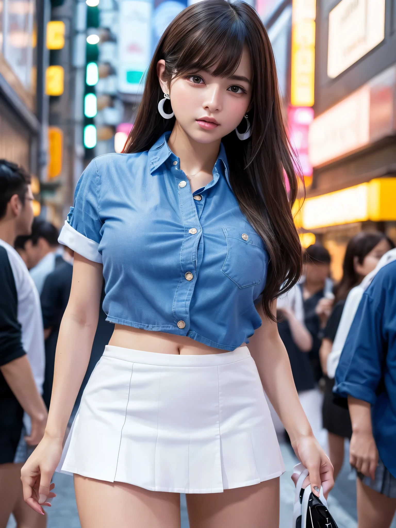 Product quality,1 girl,Cowboy Shot,Front view,Japan young,20-year-old,Harajuku,(Crowded street:1.2),(Stylish blue shirt:1.5),Fashionable Bags,Fashionable necklaces,Stylish Earrings,((White Ultra Short Micro Mini Skirt:1.5)),Asian Girl,Very cute face,Glossy Lips,Double eyelids on both eyes,(Natural Makeup),shiny smooth light brown long hair,,,,Asymmetrical bangs,Center image,8k resolution,Attention to detail,Detailed hairstyle,Detailed face,Cinema Lighting,Octane Rendering,Ultra-realistic,Perfect limbs,(Detailed fingers:1.3),Beautiful feet,((Voluptuous thighs:1.2)),((Huge breasts:1.2)),((Perfect Anatomy:1.5))