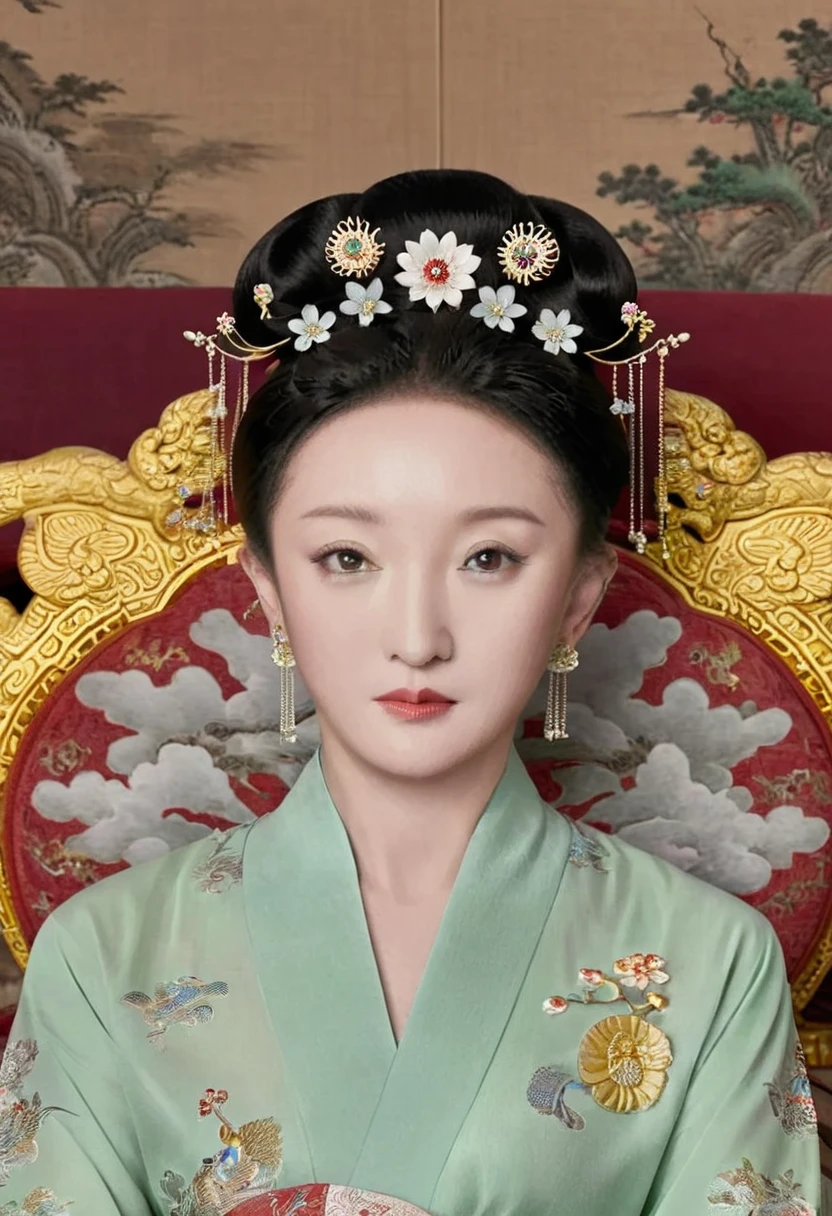 From the pre-Qing period, The Empress sits naked on a large golden sofa in the palace,  Her legs were spread, At the Chinese court during the Qing Dynasty, Empress of the Qing Dynasty, Wearing the great crown of the Chinese Empress, Belly and thighs visible from below.。She is completely naked, Showing off gorgeous large flowers and hairpins, She tied her hair up and pulled it up, 背景はEmpress of the Qing Dynastyの豪華な宮殿.
