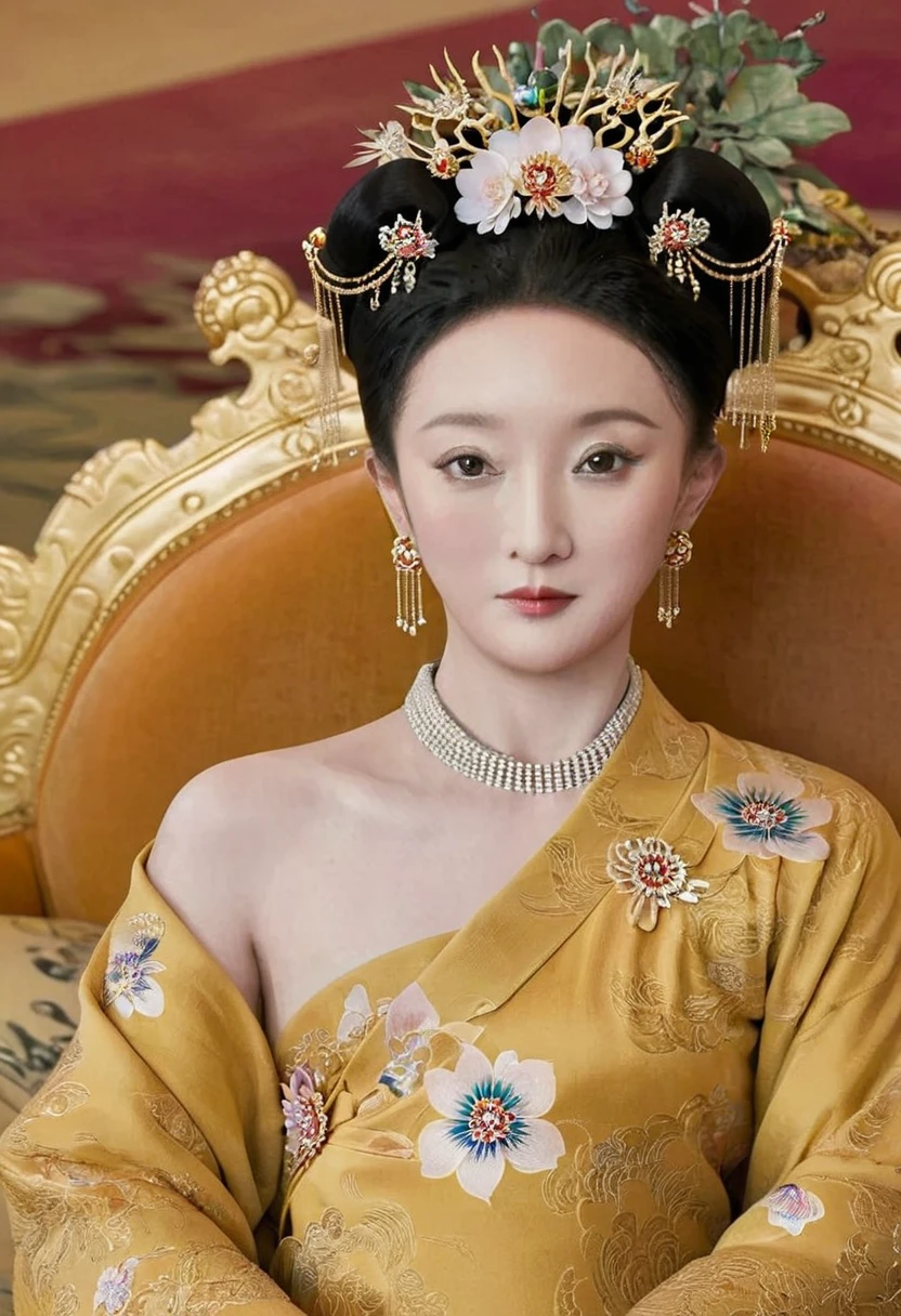 From the pre-Qing period, The Empress sits naked on a large golden sofa in the palace, Her legs were spread, At the Chinese court during the Qing Dynasty, Empress of the Qing Dynasty, Wearing the great crown of the Chinese Empress, Belly and thighs visible from below.。She is completely naked, Showing off gorgeous large flowers and hairpins, She tied her hair up and pulled it up, 背景はEmpress of the Qing Dynastyの豪華な宮殿.