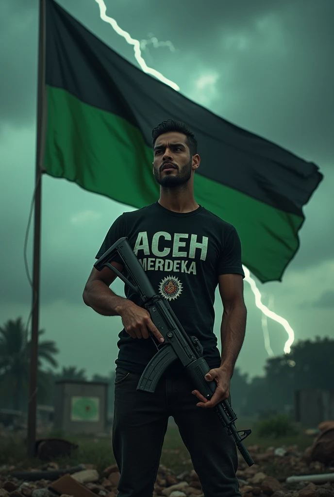 A psychopath is holding an AK-47 and a GAM flag, and his shirt says ACEH MERDEKA