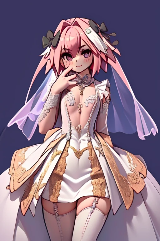 ((masterpiece)), ((best quality)), (detailed), astolfo, Beautiful, Beautifu and slim perfect body, slim body, really female, slim female body, female, flat chest, Pectorals, not breasts, very innocent smile, innocent smile, femboy, boy, bright pink hair, spiky hair, short hair, a long braid, lock of white hair on left side, perfect, solo, gorgeous femenine person, wedding dress, mini dress, dress without shoulder, wedding mini dress without shoulder, bridal veil on the head, small bulge, luscious lips, long hair, flat chest, Pectorals, not breasts, sexy,