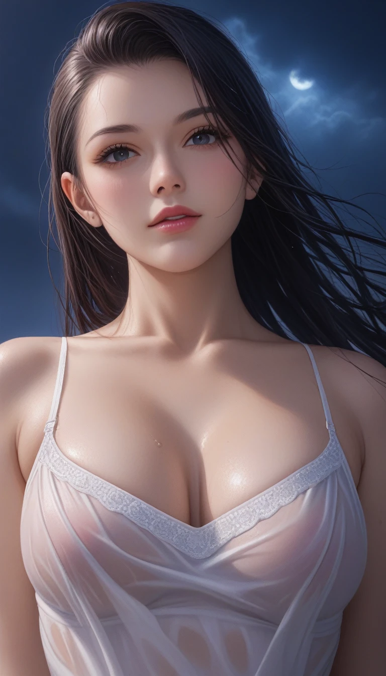 score_9, score_8_superior, score_7_superior, High-resolution CG illustration,A masterpiece in 32K resolution,Highest quality,it is really amazing,Very detailed,Ultra-high resolution,Ultra-realistic,Realistic,Increased depth of field,Cinematic lighting,
Sexy mature Japan woman,
Glossy black hair,Straight Long Hair,Showing his forehead,god々Beautiful,Ultra-detailed and beautiful face,Sensual look,Beautiful dark brown, moist eyes,Pitch black eyes,Glowing, moisturized skin,Translucent white skin,born々New skin texture,Wet body,Great proportions,
Sexy Summer Beach Dresses,
Summery design,Deep slit,A chic color scheme based on pastel tones,詳細なborn地の質感,
A dark and blurry night background,Dark overcast sky on a dull night,Dark clouds filling the sky,Thundercloud,Coastline at night,Stormy seas,delay々A desolate sandy beach that continues,
The Dimples of Venus,Beautiful back view,Low - Angle,