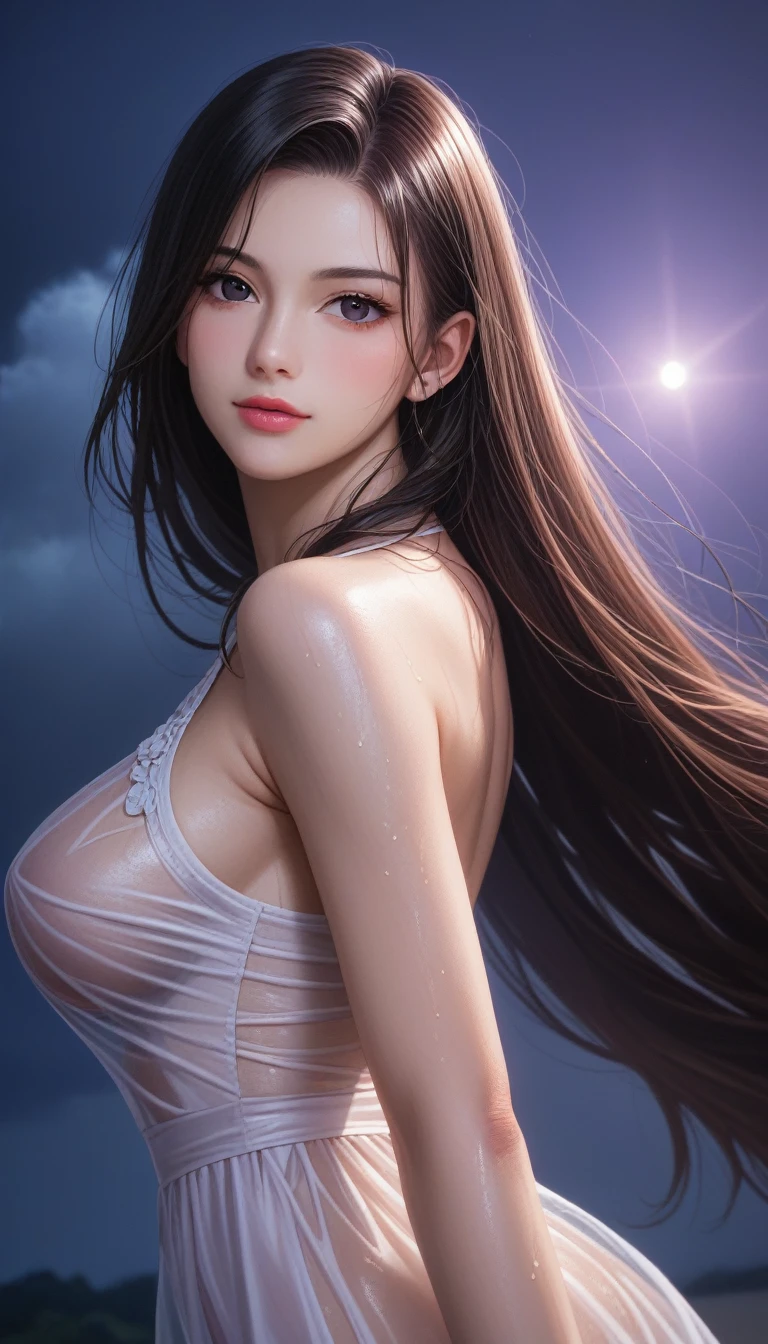 score_9, score_8_superior, score_7_superior, High-resolution CG illustration,A masterpiece in 32K resolution,Highest quality,it is really amazing,Very detailed,Ultra-high resolution,Ultra-realistic,Realistic,Increased depth of field,Cinematic lighting,
Sexy mature Japan woman,
Glossy black hair,Straight Long Hair,Showing his forehead,god々Beautiful,Ultra-detailed and beautiful face,Sensual look,Beautiful dark brown, moist eyes,Pitch black eyes,Glowing, moisturized skin,Translucent white skin,born々New skin texture,Wet body,Great proportions,
Sexy Summer Beach Dresses,
Summery design,Deep slit,A chic color scheme based on pastel tones,詳細なborn地の質感,
A dark and blurry night background,Dark overcast sky on a dull night,Dark clouds filling the sky,Thundercloud,Coastline at night,Stormy seas,delay々A desolate sandy beach that continues,
The Dimples of Venus,Beautiful back view,Low - Angle,