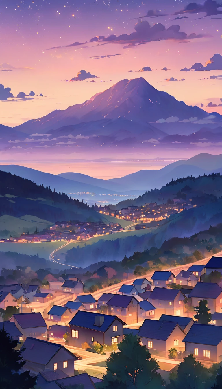 Background: A tranquil, anime-style night scene of a peaceful town nestled between hills and mountains. The sky transitions from deep blues to soft purples and pinks, capturing the moment just after sunset.

Sky and Clouds: The sky features a gradient from deep blue to lighter hues with soft, cotton-like clouds in subtle pink and orange tones. Stars are just beginning to appear, adding a serene touch without overwhelming glow.

Foreground Elements: Silhouettes of tall trees and power lines frame the scene, guiding the view from the foreground to the town below. A small house with a softly lit window adds a touch of coziness.

Townscape: The town below is gently illuminated, with clusters of houses and buildings casting a warm but muted light. The contrast with the cooler sky tones creates a sense of depth. Distant hills and mountains are silhouetted, adding tranquility.

Additional Effects: The clouds and sky are rendered with smooth, blended brushstrokes for a subtle painterly effect. The town lights provide a soft, warm illumination that reflects lightly in the landscape, creating a balanced atmosphere.

Colors: A blend of deep blues and purples for the sky, with soft pinks, oranges, and muted golds for the clouds and town lights. This color palette offers a serene, calming effect with reduced glowing intensity.






