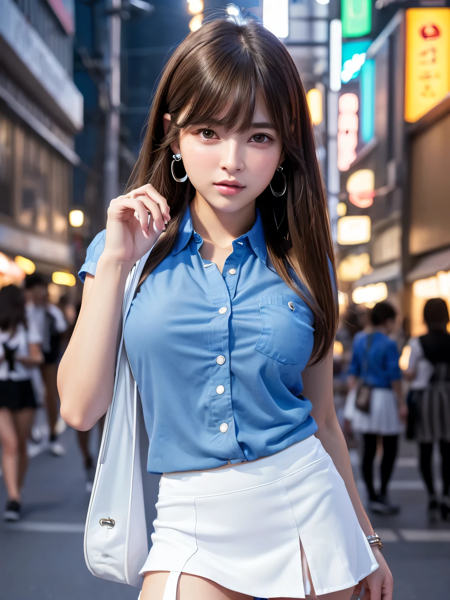 Product quality,1 girl,Cowboy Shot,Front view,Japan young,20-year-old,Harajuku,(Crowded street:1.2),(Stylish blue shirt:1.5),Fashionable Bags,Fashionable necklaces,Stylish Earrings,((White Ultra Short Micro Mini Skirt:1.5)),Asian Girl,Very cute face,Glossy Lips,Double eyelids on both eyes,(Natural Makeup),shiny smooth light brown long hair,,,,Asymmetrical bangs,Center image,8k resolution,Attention to detail,Detailed hairstyle,Detailed face,Cinema Lighting,Octane Rendering,Ultra-realistic,Perfect limbs,(Detailed fingers:1.3),Beautiful feet,((Voluptuous thighs:1.2)),((Huge breasts:1.2)),((Perfect Anatomy:1.5))